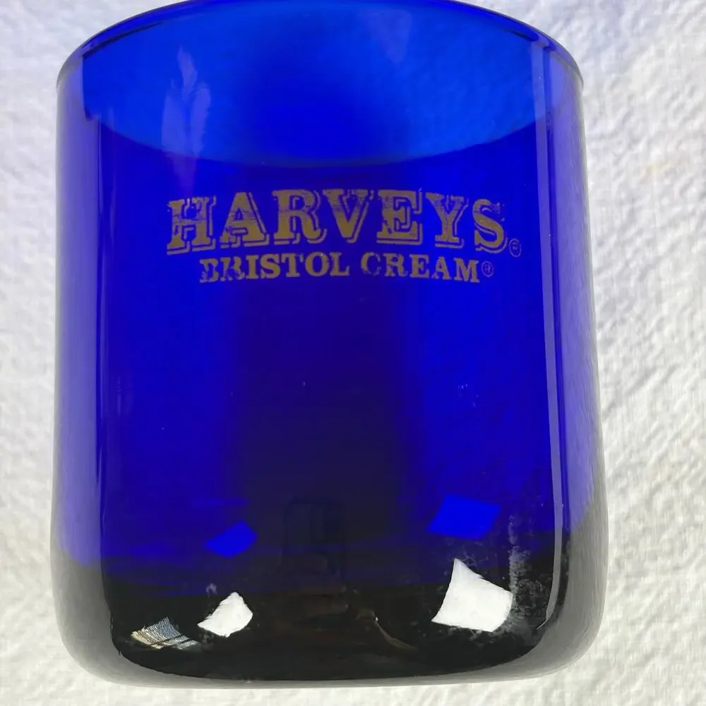 Vintage Harvey’s Bristol Cream Cobalt Blue Rocks Glasses Set of 3 Gold Logo